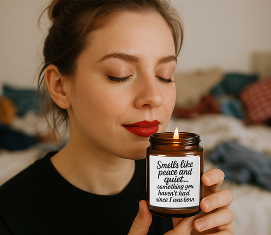 “Smells Like Peace and Quiet” Funny Candle for Moms – Mother’s Day Gift, Mom Birthday Gift, New Mom Gift, Scented Amber Jar Candle