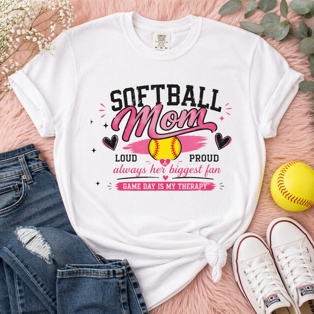 Softball Mom Shirt | Loud &amp; Proud Softball Mom Tee | Game Day Is My Therapy Shirt | Mother’s Day Gift for Sports Mom | Travel Ball Mom T-Shirt