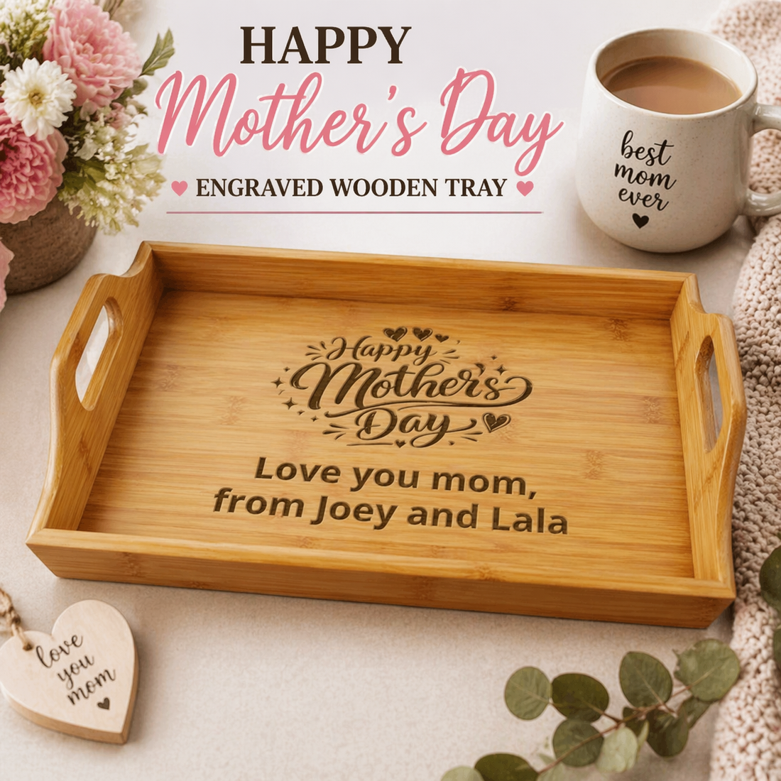 Happy Mother’s Day Engraved Wooden Tray | Decorative Serving Tray | Rustic Farmhouse Mom Gift | Mother’s Day Gift for Mom | Custom Wood Tray Decor